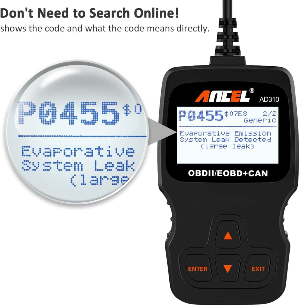 ANCEL AD310 has a built-in OBD-II DTC look-up library.