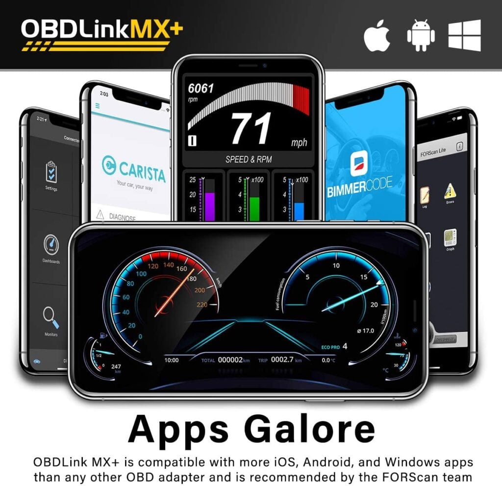 OBDLink MX+ is compatible with many iOS, Android, and Windows apps