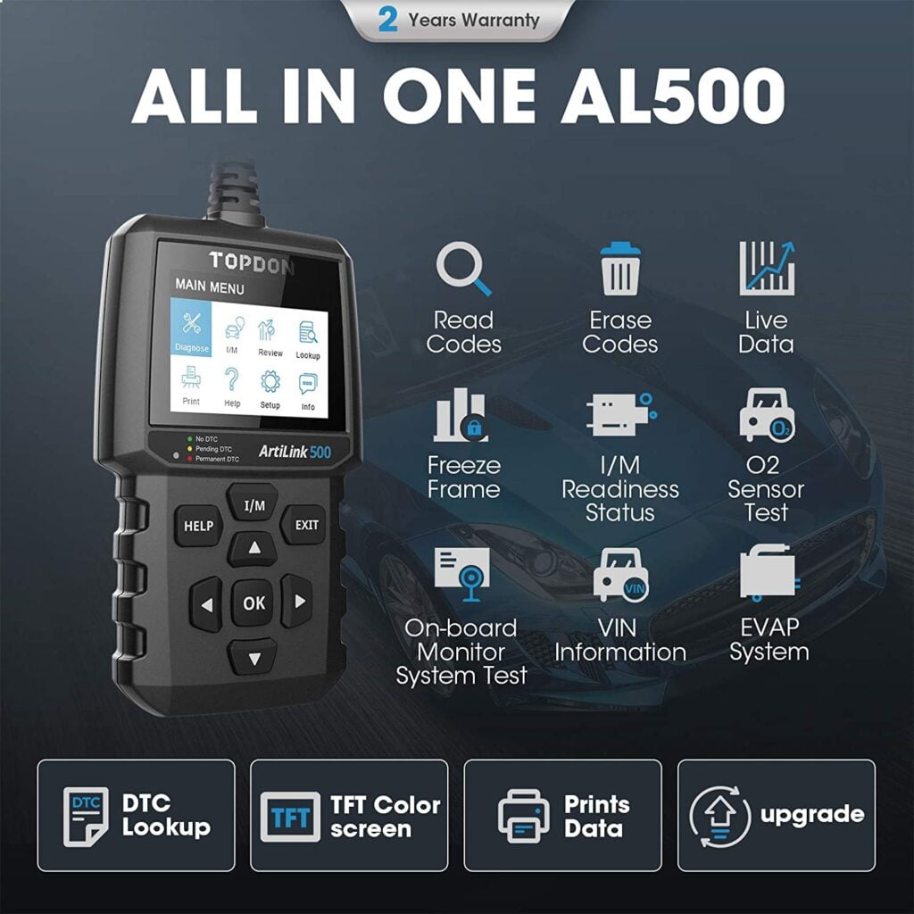 TOPDON AL500 offers all OBD2 functions and 2 years warranty.