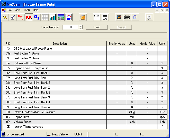 Example of OBD2 freeze frame data